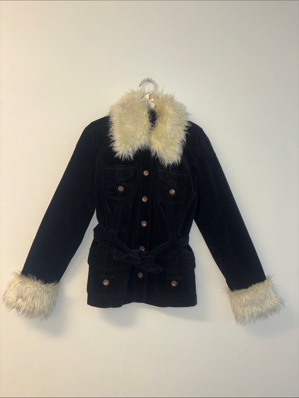 Inc penny lane Women's Black Jean Jacket Cream Faux Fur Collar & Cuffs Y2K Sz Lg